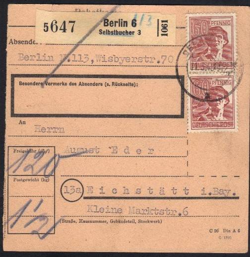 MeF Nr.A956 (2) auf Paketkarte mit korrigiertem Selbstbucherzettel-Aufbrauch von Berlin 6 für ein Paket 1,5 Kg - 4. Zone / Berlin 11.3.48
