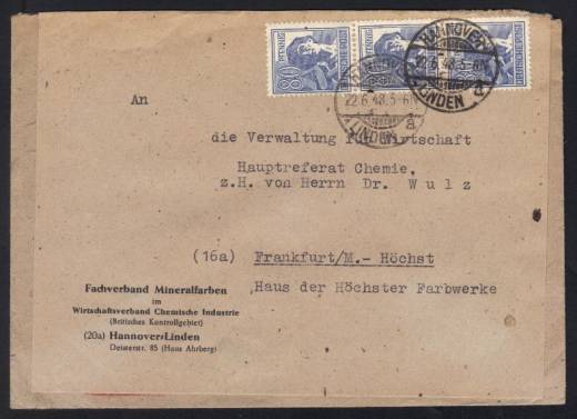 957 MeF (3) 10-fach West Firmenfernbrief , HANNOVER 22.6.48