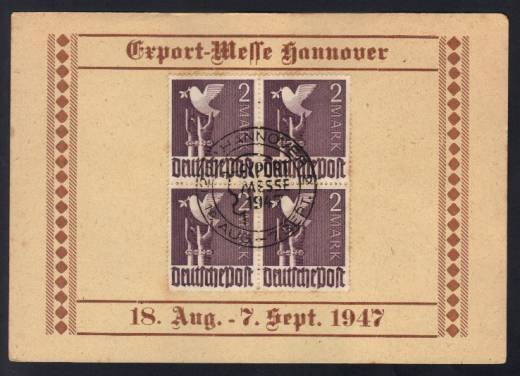 Gedenkkarte EXPO Hannover 1947 m. 4er-Block Nr. 960 !I