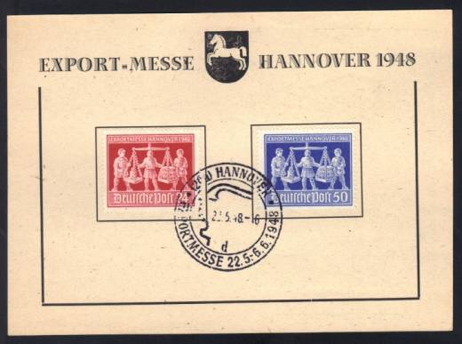 970a PF II a. FDC Sonderkarte Kennbuchst. d 969-970 EXPO Hannover 1948