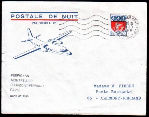 Night flight 1968 Line AF 1030 Perpignan - Montpellier -Clermont-Ferrand - Paris by Fokker F27