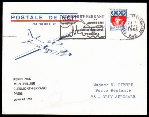 Night flight 1968 Line AF 1030 Perpignan - Montpellier -Clermont-Ferrand - Paris by Fokker F27