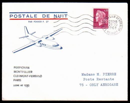 Flugpost 1968 Nachtflug Linie AF 1030 Perpignan - Montpellier -Clermont-Ferrand - Paris mit Fokker F27