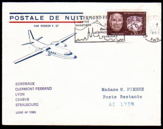 Flugpost 1968 Nachtflug Linie AF 1080 Bordeaux -Clermont-Ferrand - Lyon - Genf - Straßburg mit Fokker F27