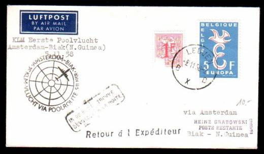 Luftpost 1958 erster KLM Polflug Belgien via Amsterdam - Biak (Neu Guinea) 1958, Retour Freudenstadt, gepr. Grabowski!!