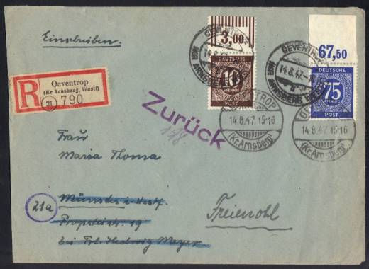 Neu entdeckter Altstempel OEVENTROP auf Einschreibe-Fernbrief 14.08.47, mit Nr. 918 W OR + 934 P OR + Retour!!!RRR
