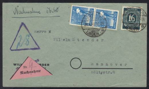Nachnahme, Ortsbrief HANNOVER 20.4.48