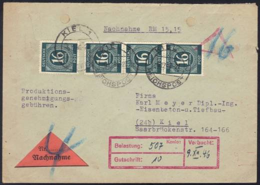 Nachnahme, Ortsdoppelbrief KIEL 6.12.46
