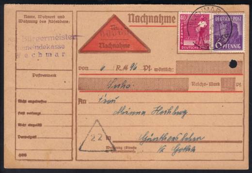 Nachnahme, Arbeiter Druchsachenkarte Wechmar 13.5.48