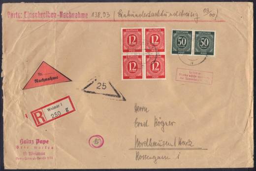 Nachnahme, Ziffern Reco-Fernbrief 2.GS. WEIMAR 16.3.46