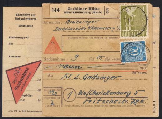 Nachnahme, Paketkarte+ Notpaketkarte ZECHLINER HÜTTE - BERLIN 18.5.48