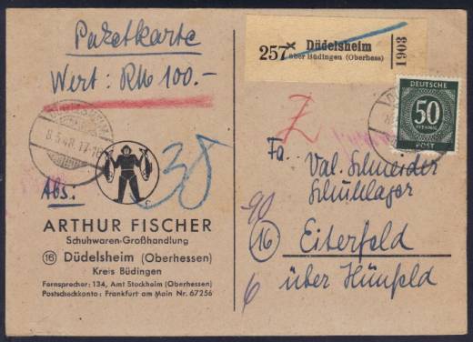 Notpaketkarte auf Firmenpostkarte DÜDELSHEIM 8.5.48 !!!RRR