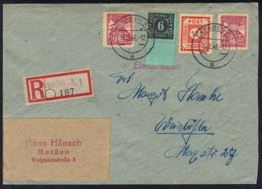 Mecklenborg-Vorpommern - Sachsen MiF Reco-Fernbrief DRESDEN 16.2.46 - Weinböhla