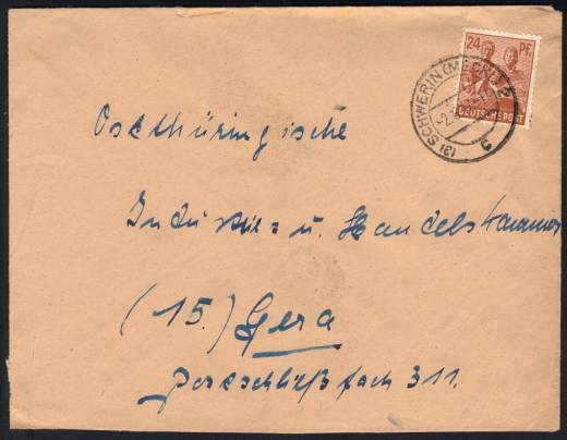 Mecklenborg-Vorpommern Stempel: Fernbrief (3) SCHWERIN 2c - Gera