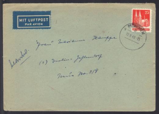 Bizone Nr. 87 EF 1949, Luftpostbrief nach Berlin!