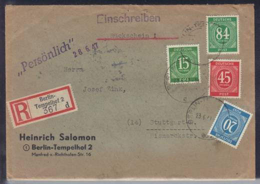 Einschreiben-Fernbrief-Persönlich mit Rückschein 1. GS., BERLIN 23.6.47, Befund Schlegel BPP !!!RRR