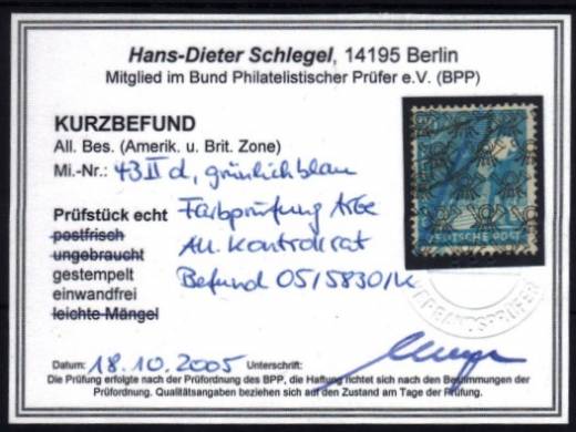 Nr. 43 I d Vollstempel Remscheid 11.8.48