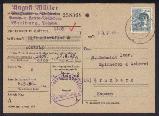 947 auf Punkteverrechnungskarte West, WEILBURG 08.05.48