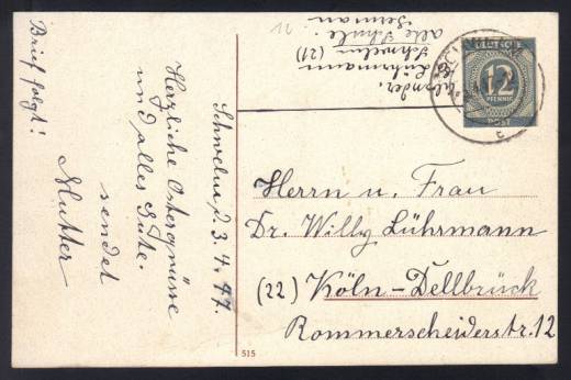 Ganzsachenausschnitt P 954 auf colorierter AK-Remscheider Talsperre  verwendet in SCHWELM 1947