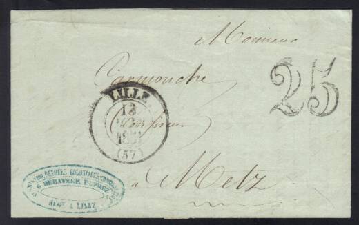 Frankreich barfrankierter Faltbrief (25 C.) Lille - Metz 1851