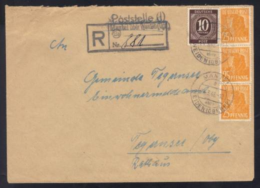 Not R-Stempel-Form (!!!) Mantel über Weiden, Poststelle 1 auf Einschreiben-Brief nach Tegernsee 24.03.48