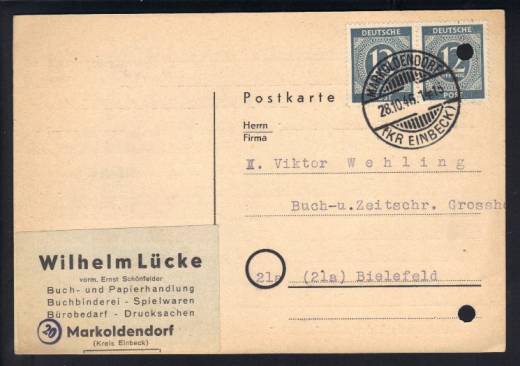 Neu entdeckter Altstempel MARKOLDENDORF auf Fernkarte nach Bielefeld 28.10.46!!!RRR