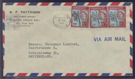 Luftpost-Leichtbrief 1961 3 x GS-Ausschnitte Kingston (Jamaika) - Schweiz!!!