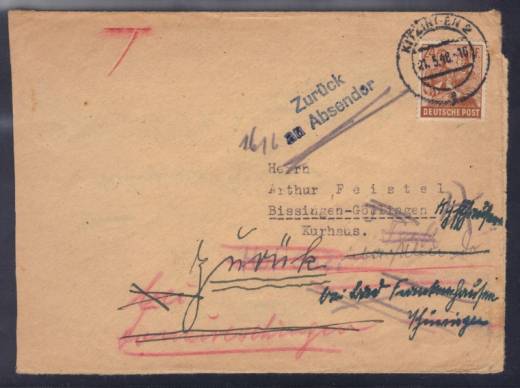 Retourenbeleg 21.5.48 Amtsgericht Kitzingen - Bissingen, 5 Zustellversuche !!
