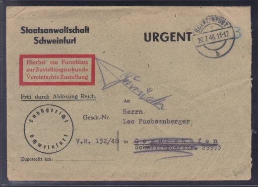 Retourenbeleg 20.7.48 Landgericht Schweinfurt - Gerolzhofen !! Portofreie Zustellungsurkunde Dringend!