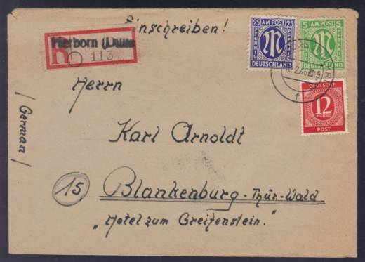 Frühverwendung Nr. 919 auf Einschreibebrief Herborn - Blankenburg 16.2.46