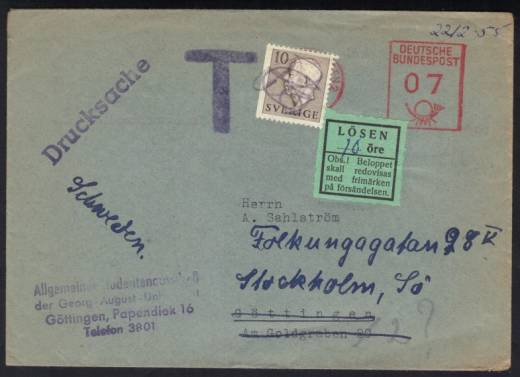 BRD Inlandsdrucksache 1955 weitergeleitet Göttingen nach Schweden mit Zweiländerfrankatur Nachporto!