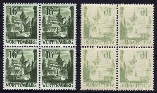Franz. Zone, Württemberg Nr. 6 4er-Block mit Abklatsch auf der Gummiseite!