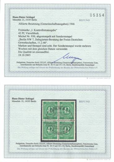 930 4er-Block Vollstempel BERLIN 11.2.46, Befund Schlegel BPP !!!RRR