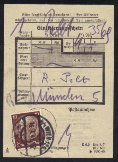 DR Österreich EF 10 Pfg. Hindenburg Einlieferungsschein, Wien 16.10.41