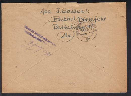 Postablagebeleg 13.10.47 Einschreiben Brackwede - Frankfurt / Main!!