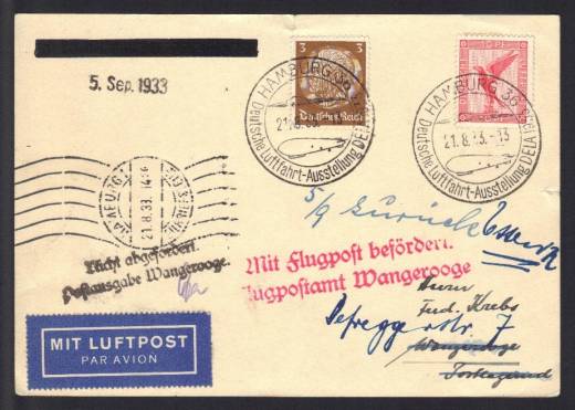 Luftpost-Karte 1933 Hamburg - Wangerooge SST J89, F105-01+ nicht abgefordert - Retour n. Essen!!!