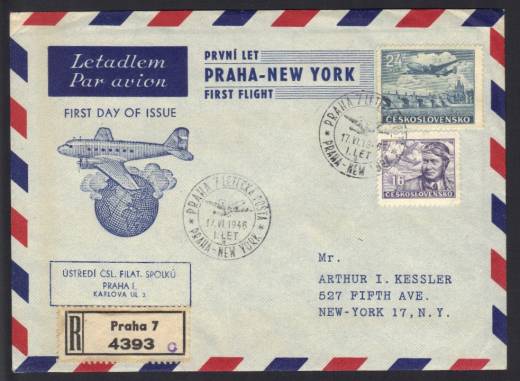 First Flight 1946 Praha (Czechosovakia) registred cover to New York (USA)