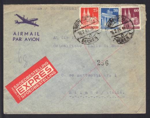 Luftpost-Eilboten-Leichtbrief Europa 1949 Wuppertal - Mailand mit Bizone Bauten wg