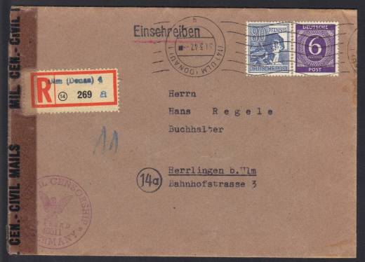 Zensur Amerik. Zone, Nummerator! 26.8.1946 Esslingen A-2 / A-102 mit 4-stelligem Nummerator für Einschreiben!!!RRR