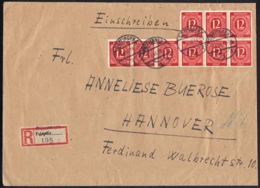 919 F Übergang zu 919b MeF (9) Reco-Fernbrief mit Not R-Zettel Feldpost / Göppingen 9.4.46