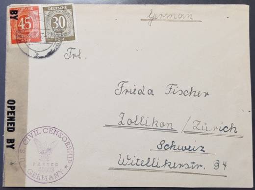 Postal supplementary stamp type A17a-4 Am. Zone, KARLSRUHE - Switzerland 4.3.47, censorship A2 / A-102 !! 