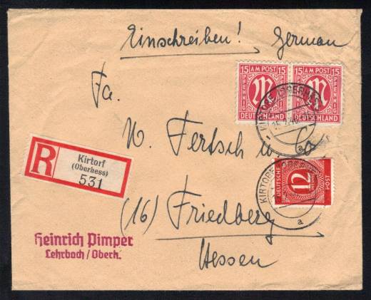 919a / AM-Post Frühverwendung Reco-Brief KIRTORF - FRIEDBERG 15.2.46