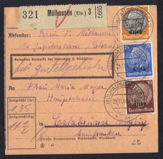 DR Besetzung 2. WW Elsaß, Nr. 6, 10 + 16 auf Paketkarte MÜLHAUSEN- ERLABRUNN 25.11.40 !!!