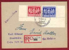 Einschreibe-Postkarte aus Celle mit Eckrand 969-970 EXPO Hannover 1948