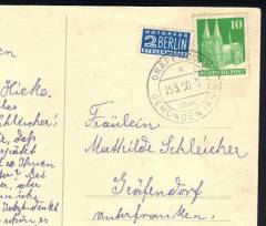 Landpoststempel Gräfendorf 1950 a. Grußkarte Veilchenstrauß