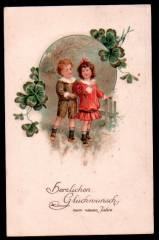 New Year Greeting w. rare postmark DÜREN, children Shamrock, ca. 1917!