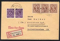 Frühverwendung Nr. 916 mit PF F17 auf Einschreibe-Fernbrief Bad Reichenhall - Weiden 27.2.46 mit Not-R-Zettel!!