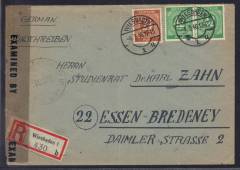 Frühverwendung Nr. 925 + 930 auf Einschreibe-Zensurbrief Wiesbaden / Essen 4.3.46
