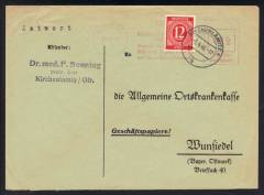 919a EF auf Fernbrief 1.GS + Freistempler aus ´45 auf AOK Antwort-Umschlag / 5.4.46
