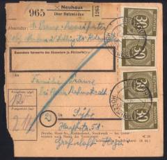 MeF Nr.928 MeF (4) auf Paketkarte für ein Paket 2,5 Kg - 3. Zone / Landpostst. Neuhaus über Holzminden 2.12.46